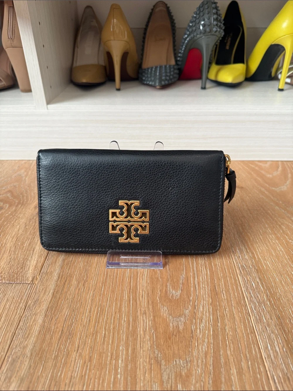 Tory Burch Black Leather Zip-Around Wallet with Gold Emblem